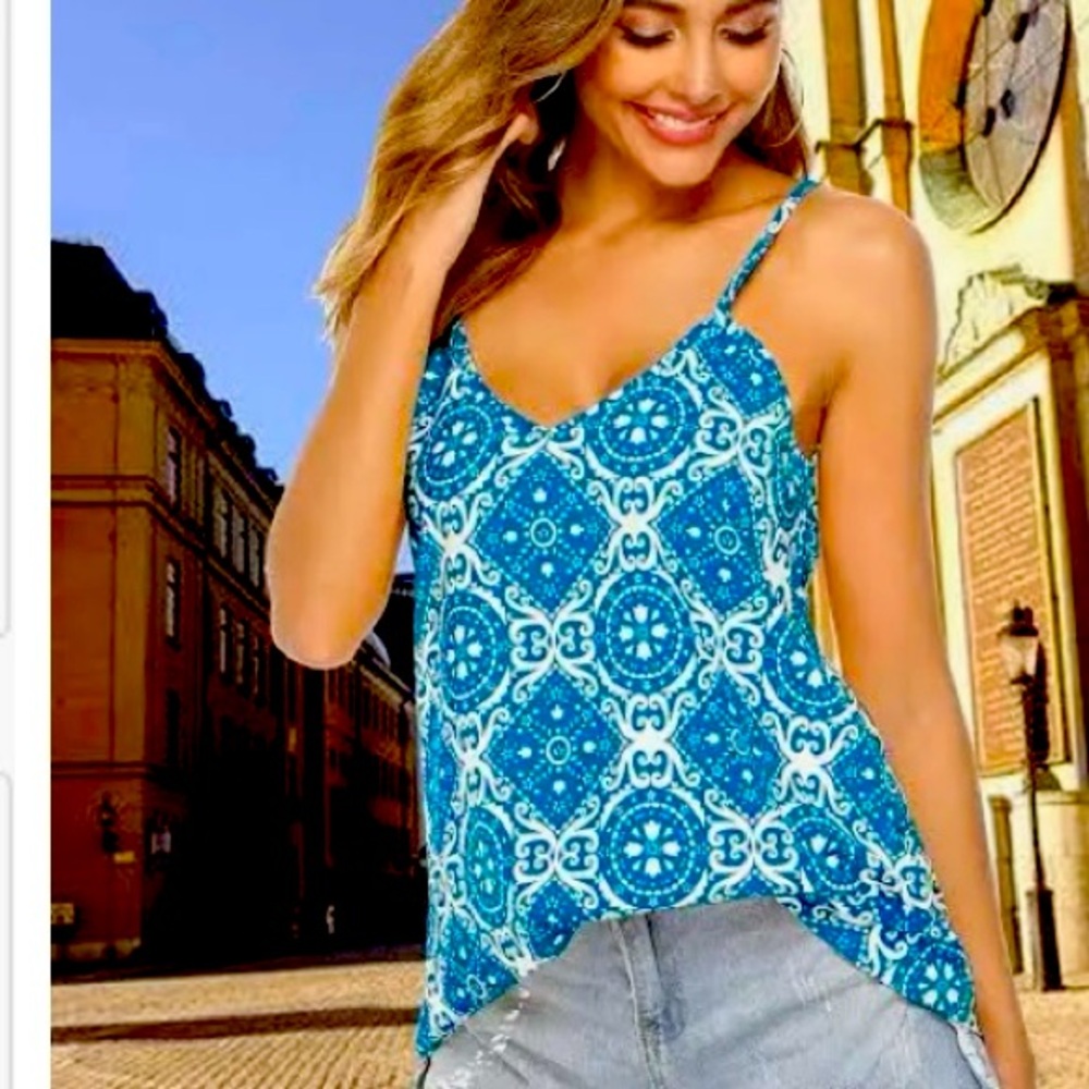 TECREW BOHO BLUE TANK TOP WITH ADJUSTABLE STRAPS SIZE XXL